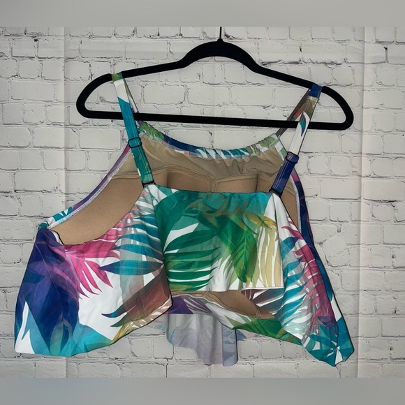 Cacique Swim Top Plus Size 26 Tropical Palm Leaf Print Ruffle Tankini - Picture 2 of 3
